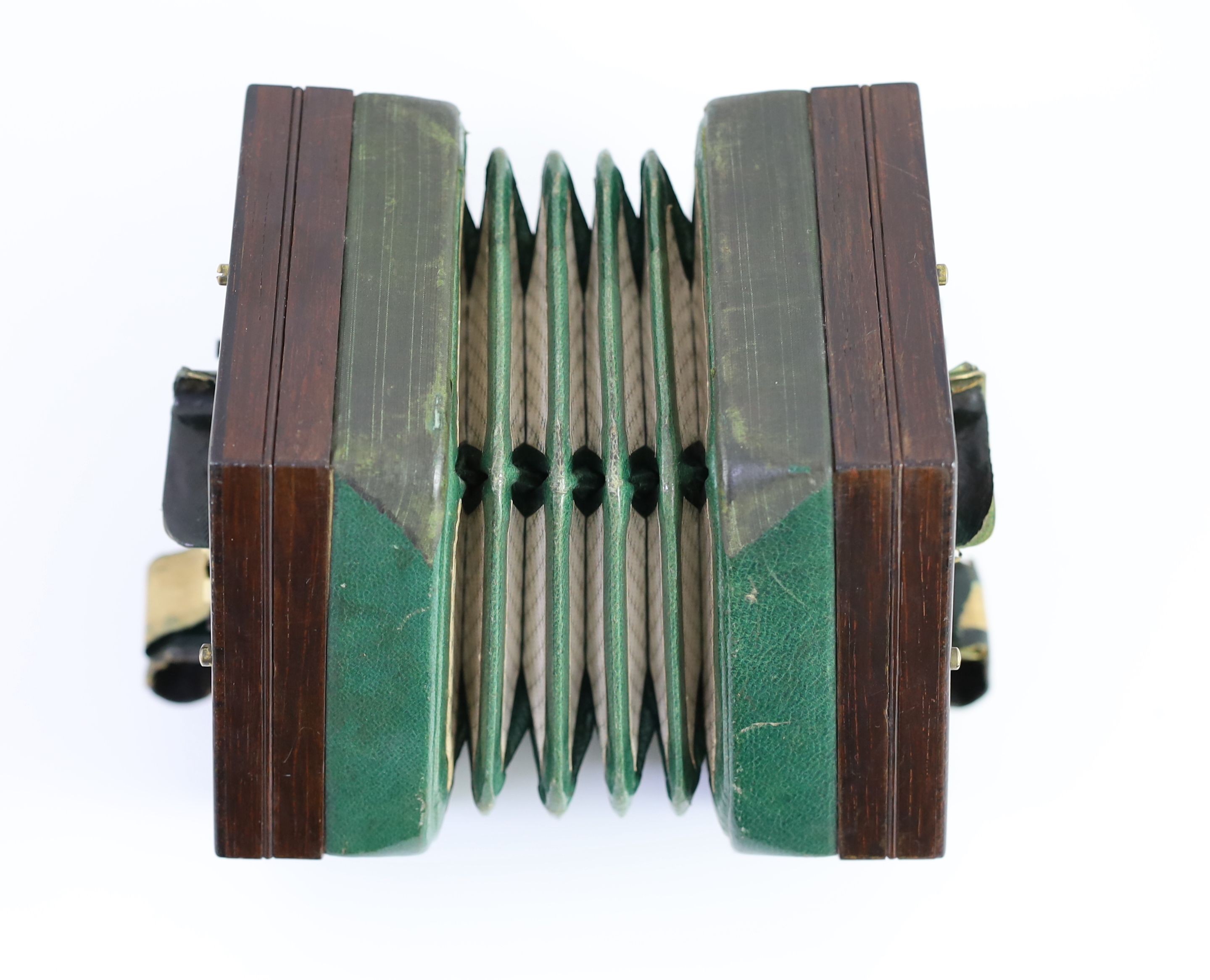 A 48-key C. Wheatstone English model rosewood concertina, diameter 18cm, housed in the original rosewood case